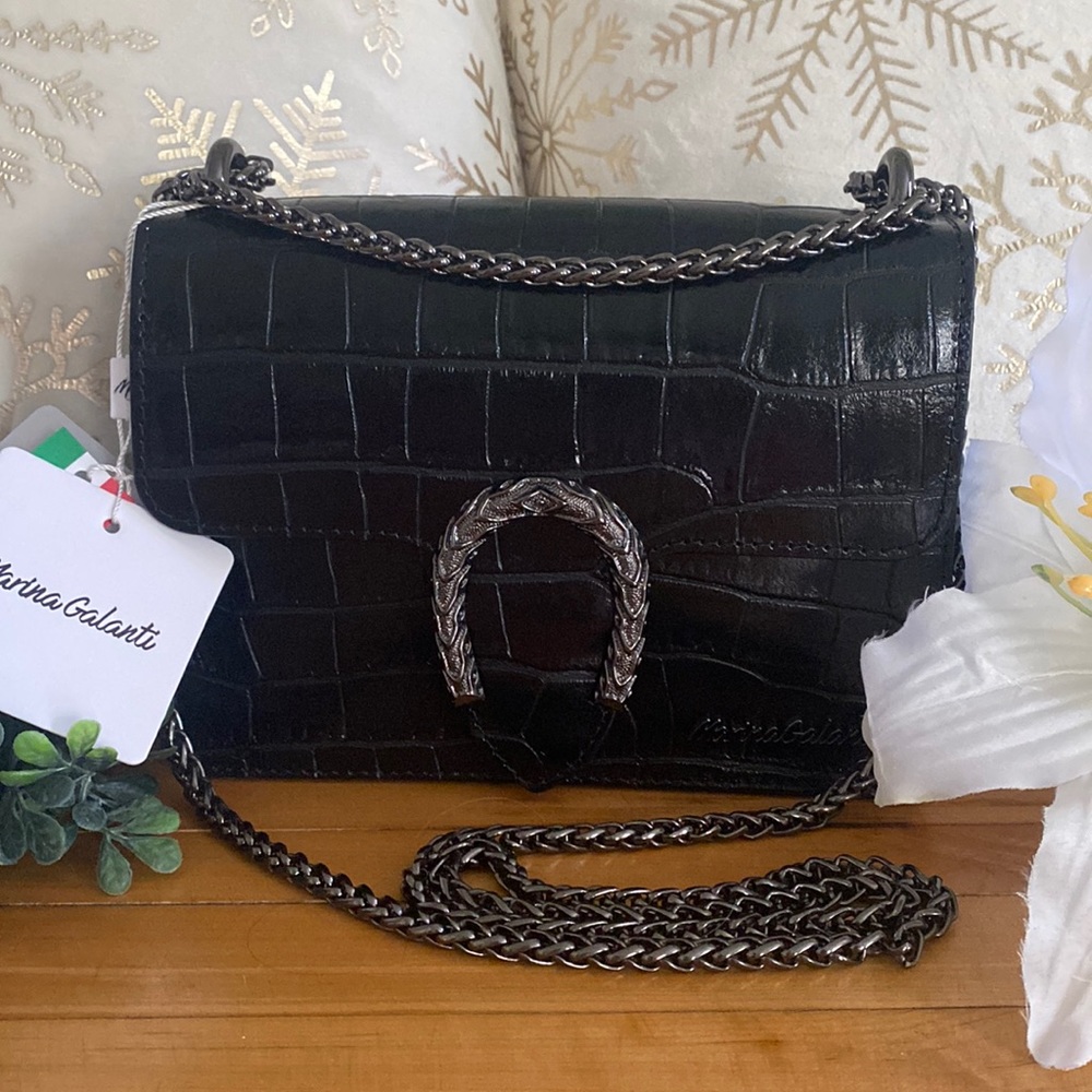 🇮🇹 Marina Galanti Leather Crossbody Bag, Crocodile Print, Black